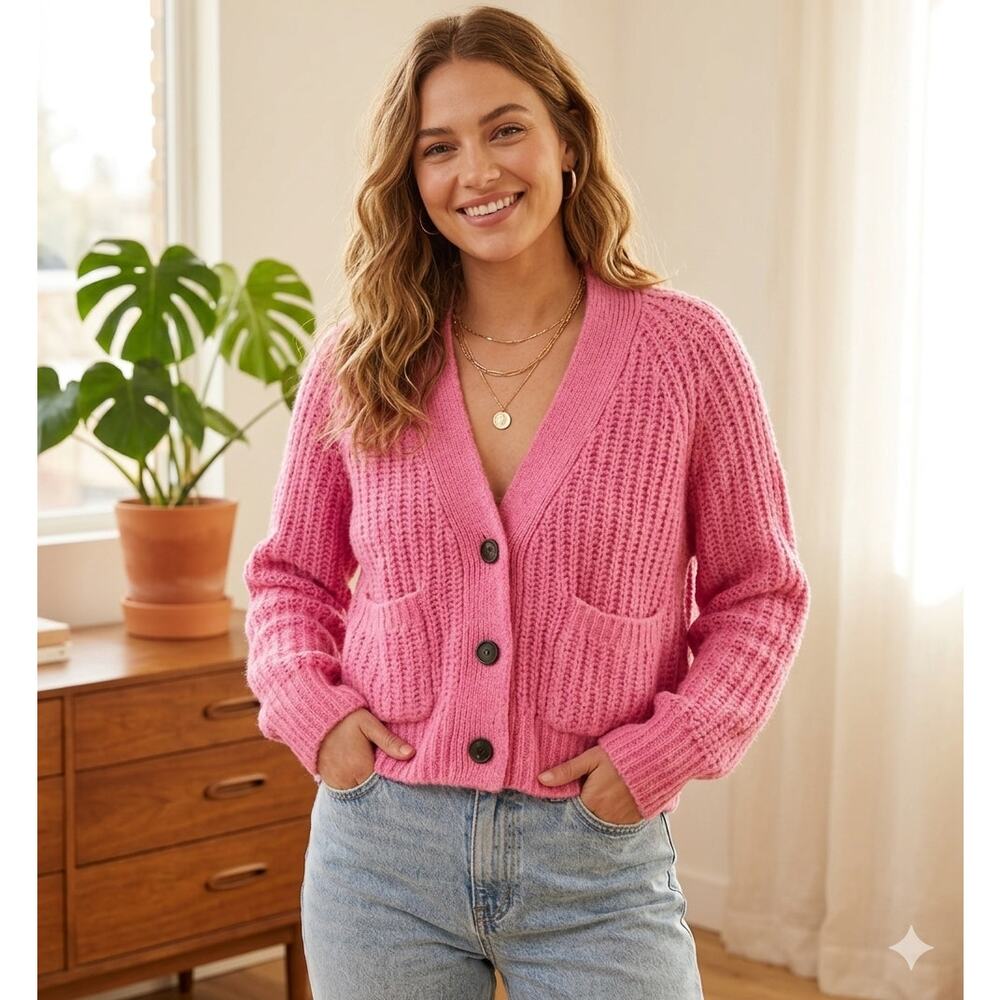 ALC Cardigan Sweater XS Pink Italian Yarn Alpaca Wool Knit Barbiecore Comfy Cozy